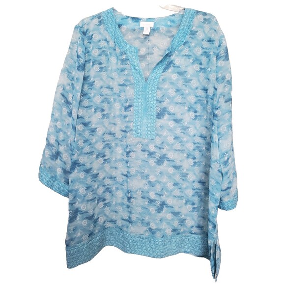 Chico's Blue Sheer Chiffon Geo Print Split Neck 3/4 Sleeve Tunic Size 3 (XL) - Picture 1 of 5